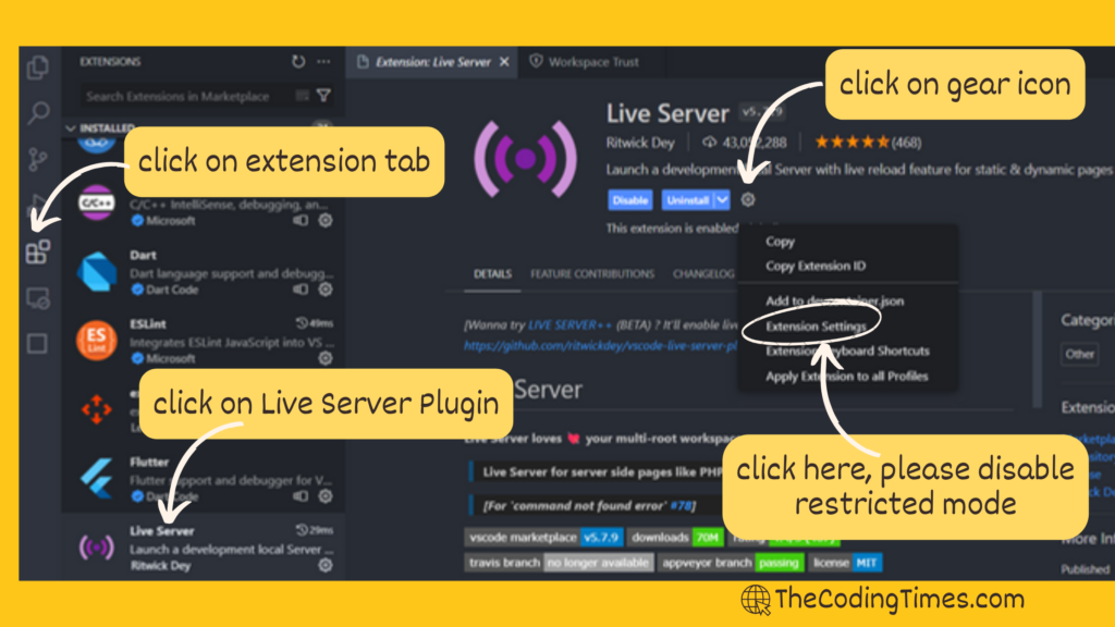 how to open settings page for live server extension